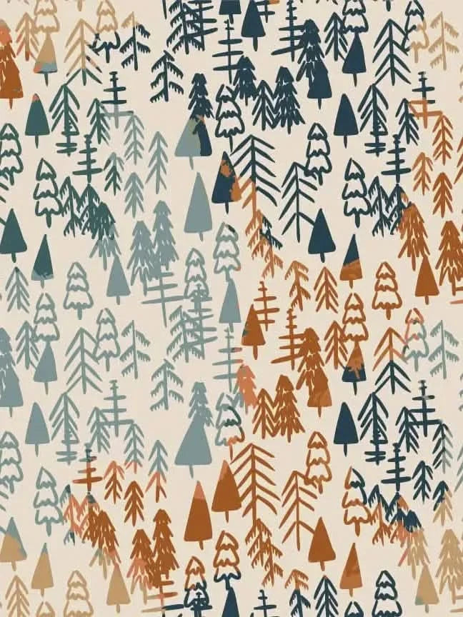 A fabric with a pattern of various stylized trees in shades of brown, blue, and green.