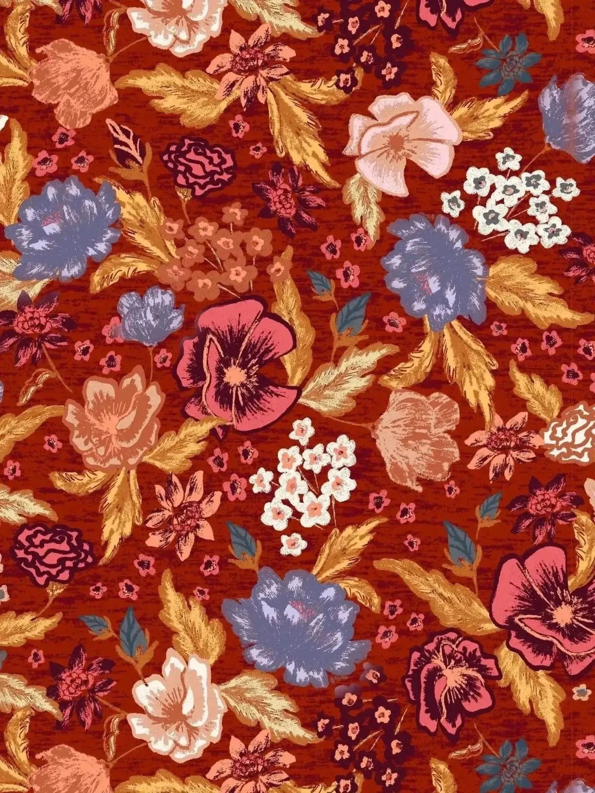 Vibrant red floral print fabric featuring blooming flowers in pink, purple, and orange.