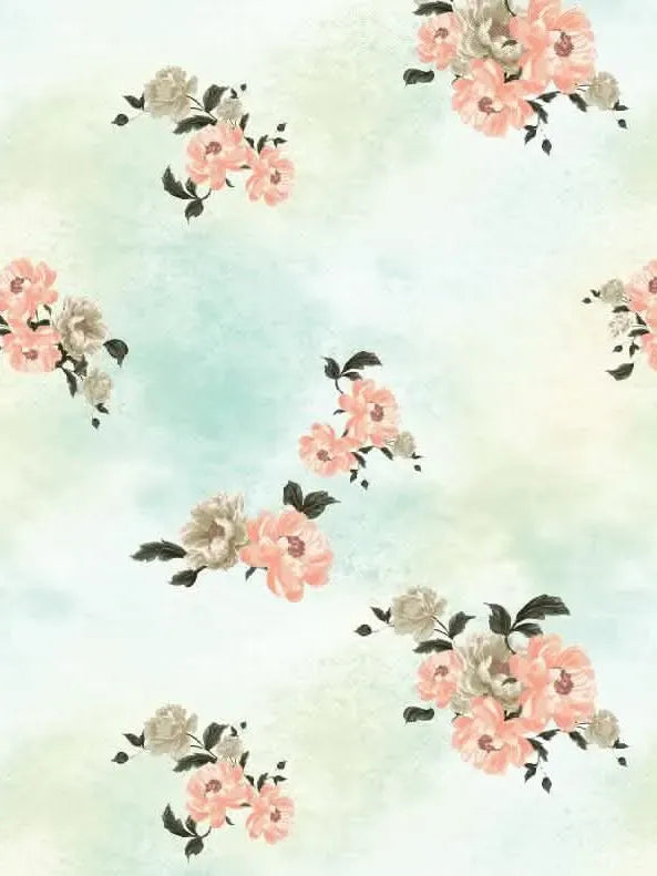 Fabric with a pattern of floating pink and beige peonies on a light blue and green background.