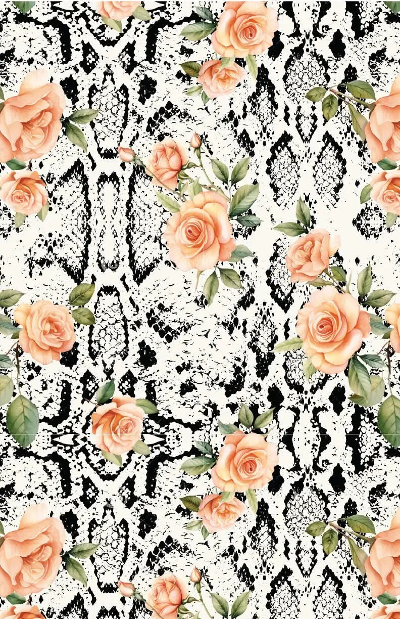 Floral snake print fabric with peach roses.
