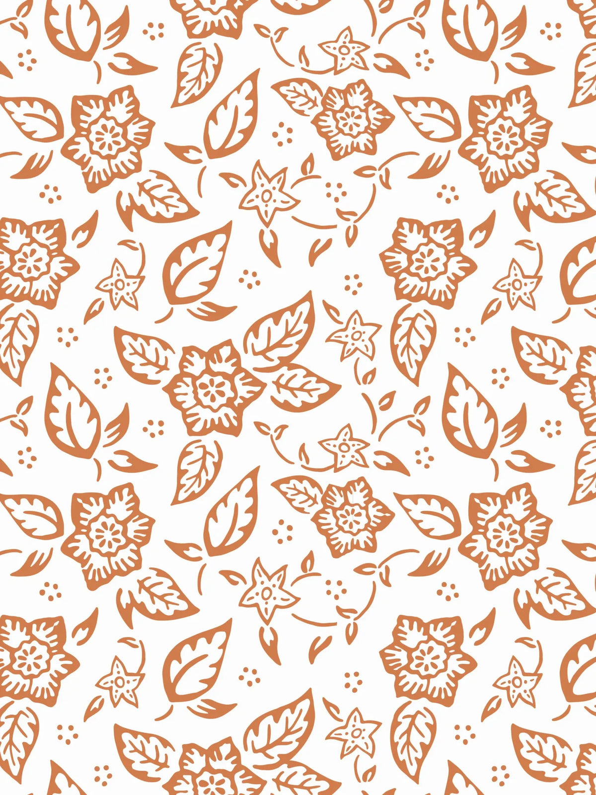 Folk Flowers fabric with a repeating pattern of orange flowers and leaves on white.