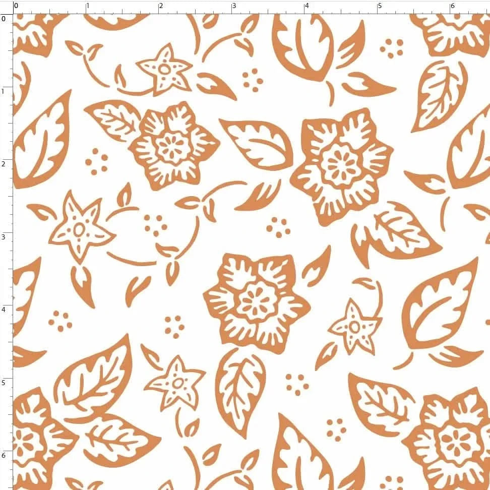 A white fabric with a repeating pattern of orange folk flowers and leaves.