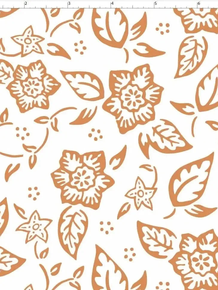 White fabric with orange folk floral print featuring leaves and stars.