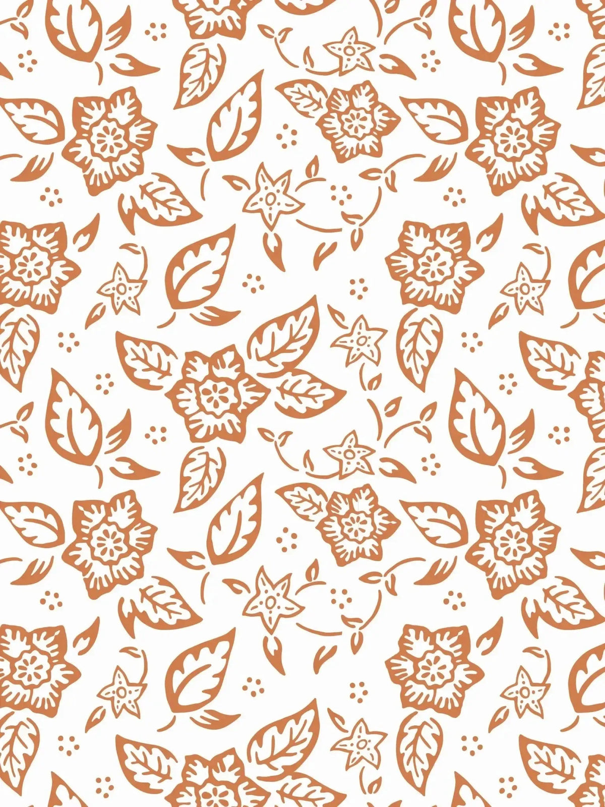 White fabric with repeating orange floral and leaf print pattern.