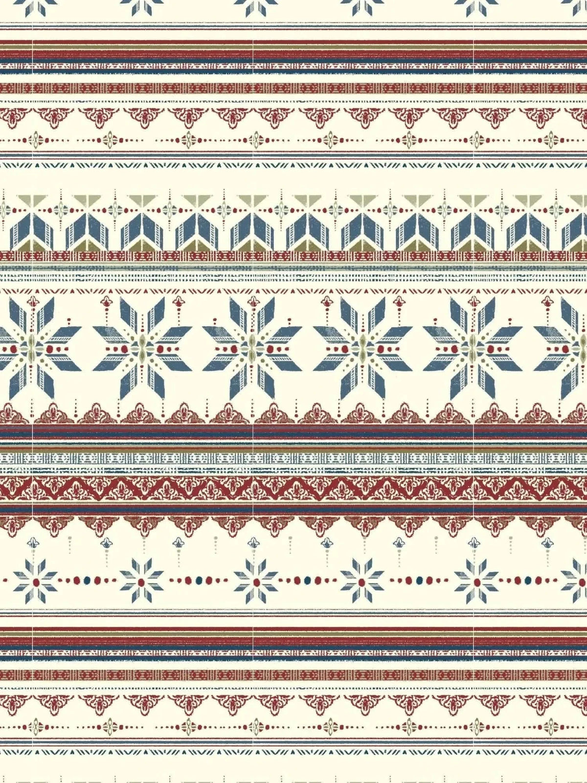 Fabric with horizontal stripes and geometric patterns in blue, red, and cream.