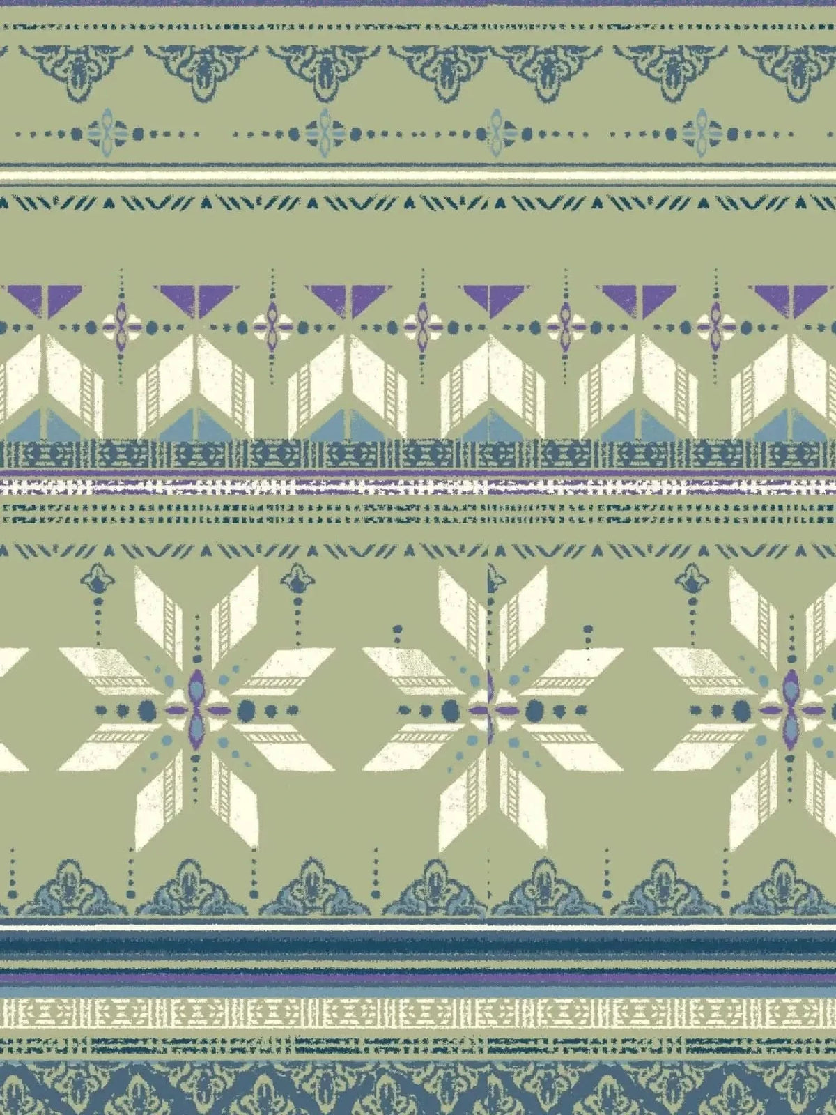 A fabric with horizontal bands of geometric and ornate patterns in green, purple, and blue.