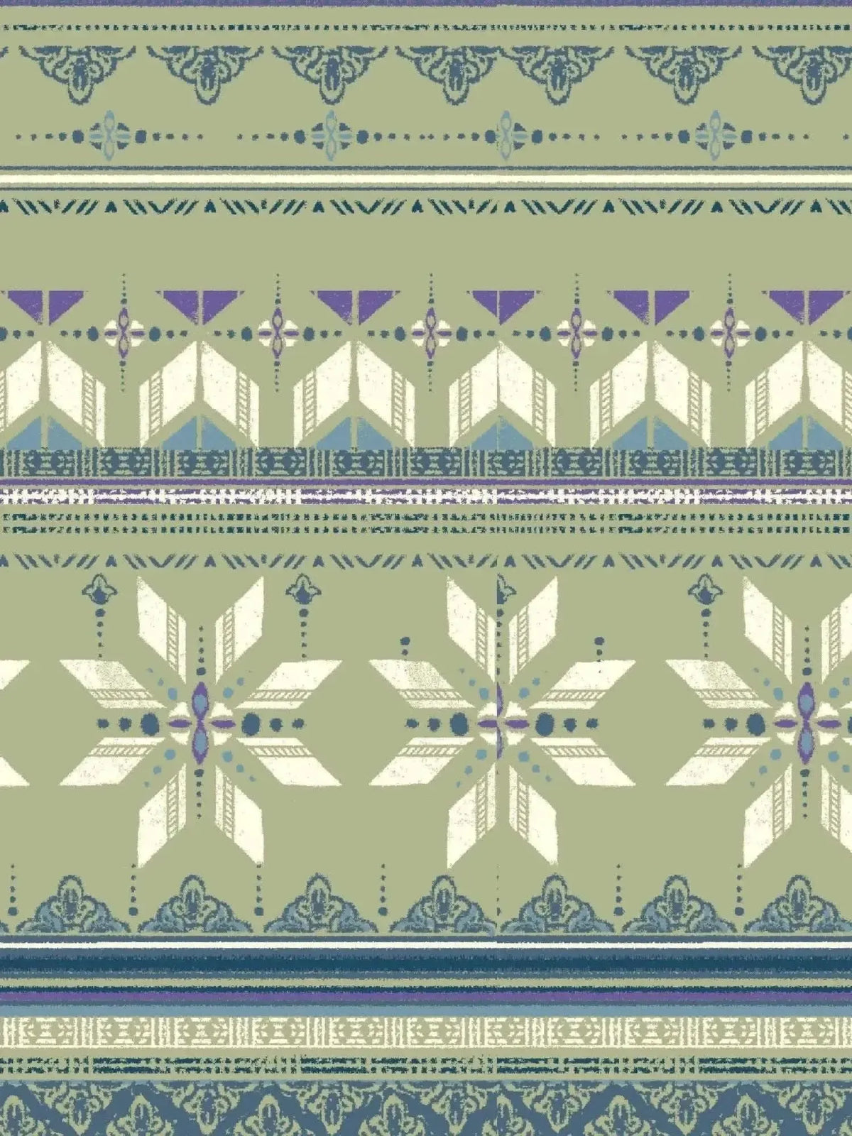 Green-blue fabric with intricate white snowflake and geometric winter print.