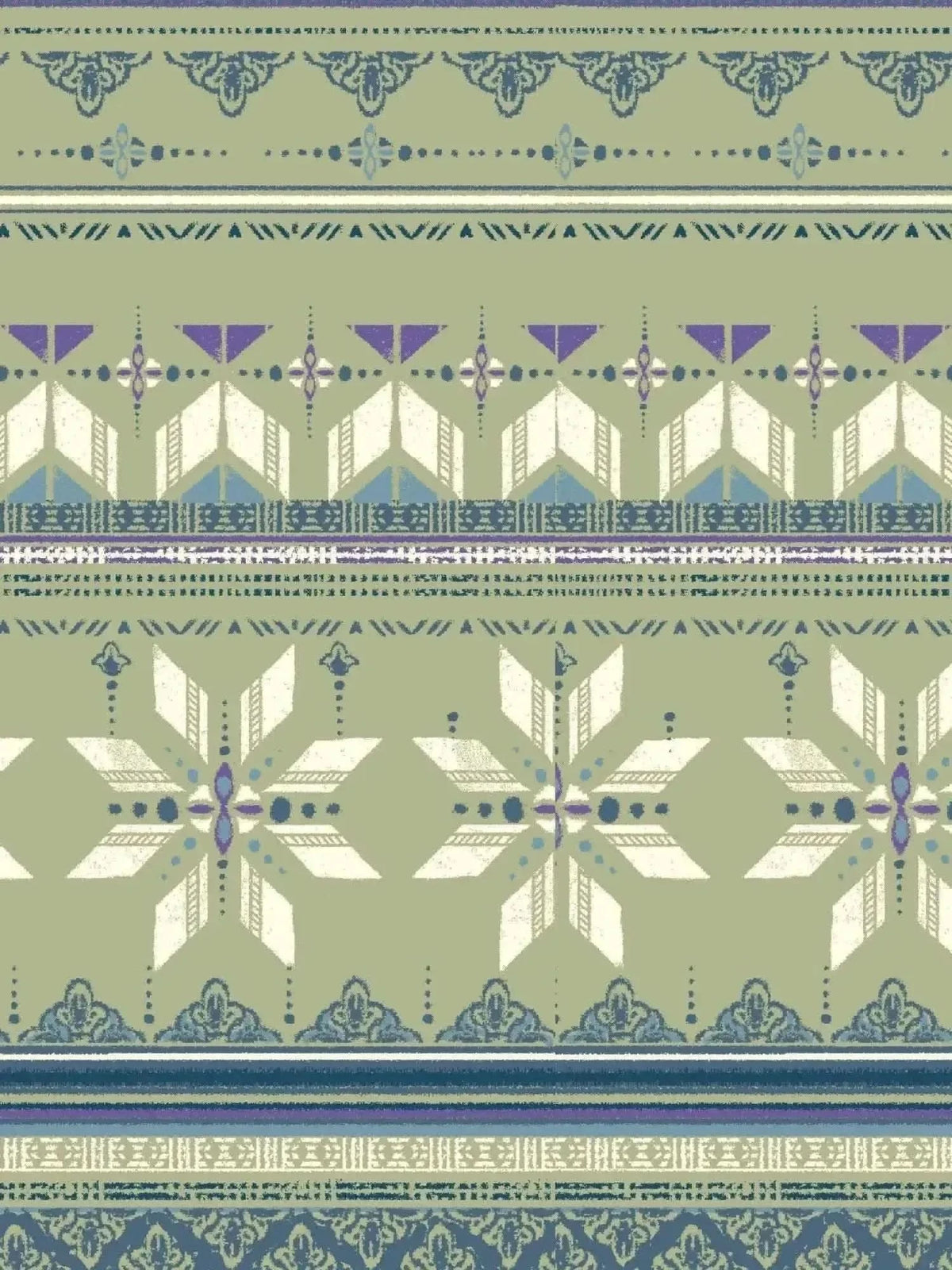 A fabric with horizontal bands of geometric and ornate patterns in green, blue, and purple.