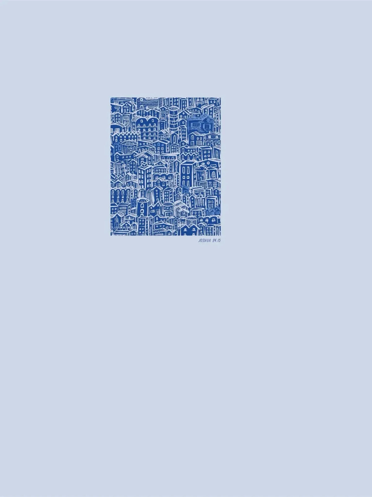 Blue fabric with a white line drawing of a dense city and "JOSHUA 24.15" at the bottom.