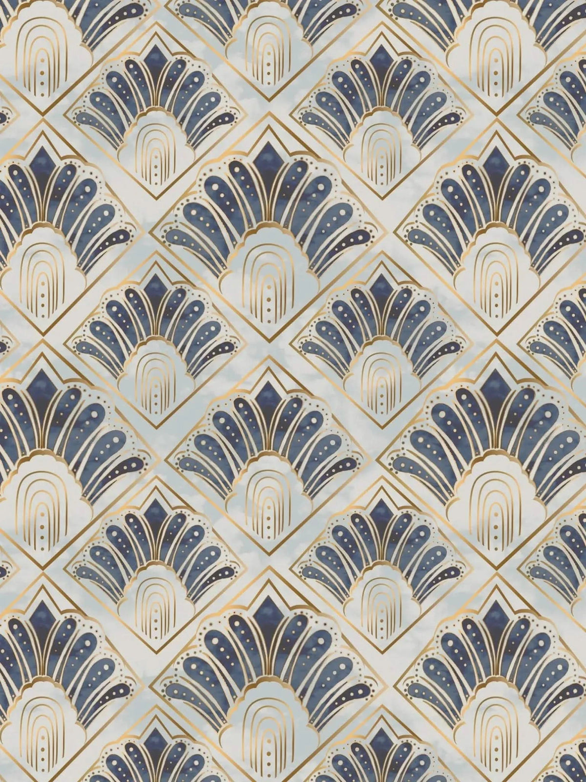 A repeating Art Deco pattern of blue and gold fan shapes on a light background.