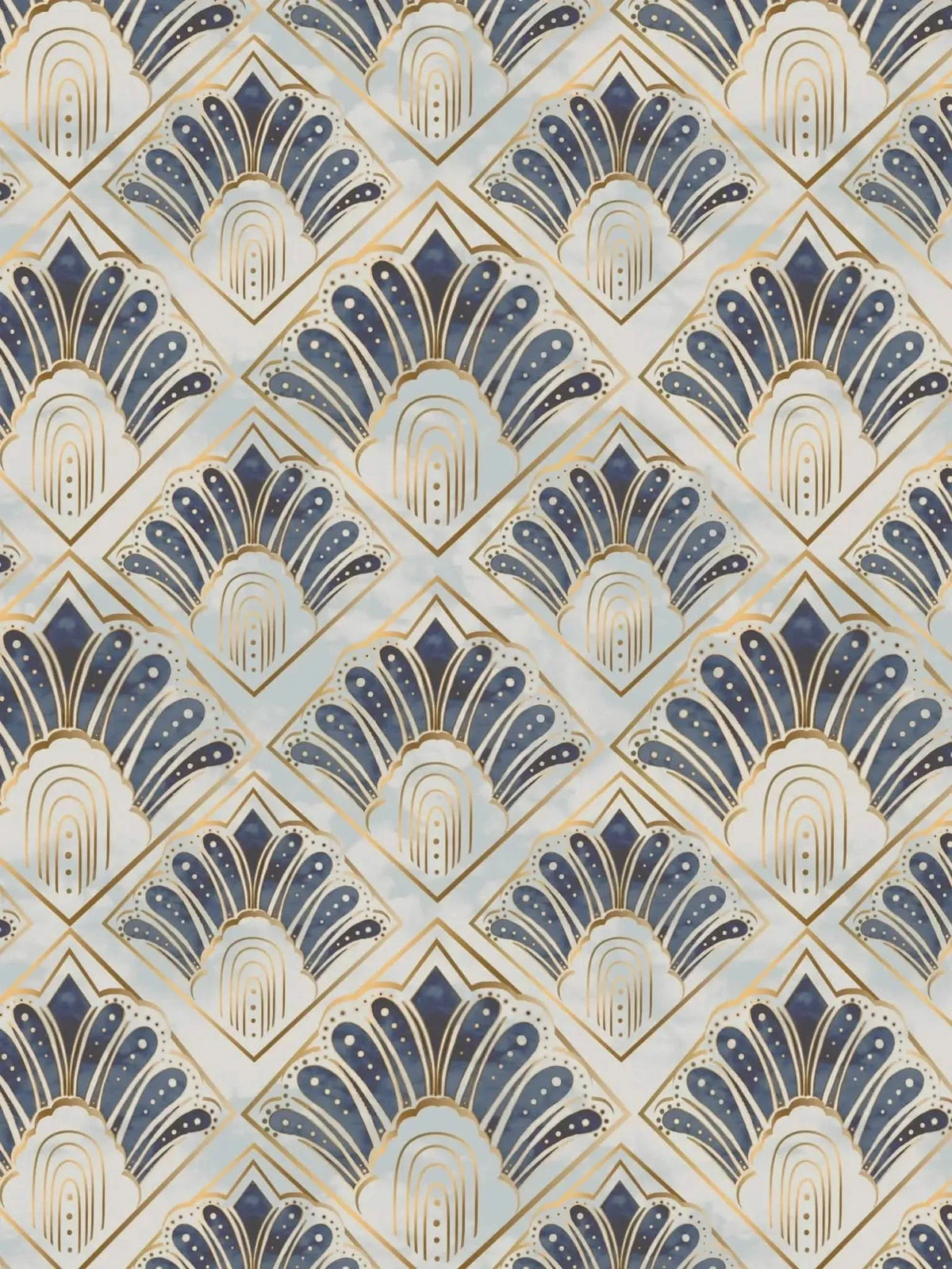 Art Deco fabric with repeating blue and gold fan motifs in a geometric pattern.
