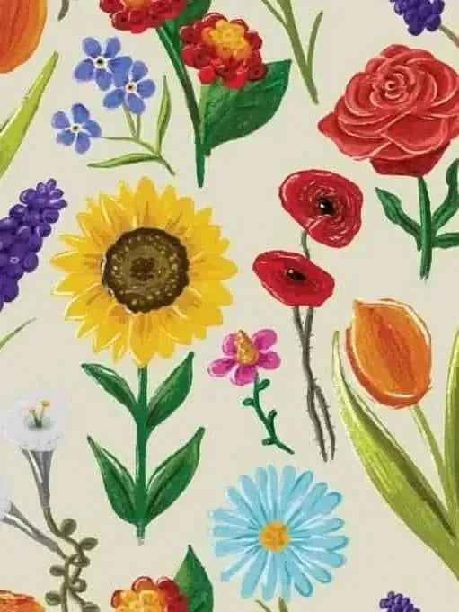 Vibrant botanical print fabric with orange flowers, sunflowers, roses, and lavender on cream background.