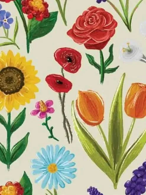 A fabric with a pattern of various colorful flowers on a light background.