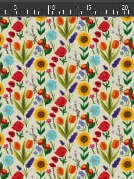 Fabric with a repeating pattern of sunflowers, tulips, poppies, and other garden flowers.