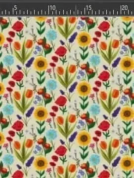 Floral fabric with pink butterfly garden theme, featuring sunflowers, poppies, and daisies.