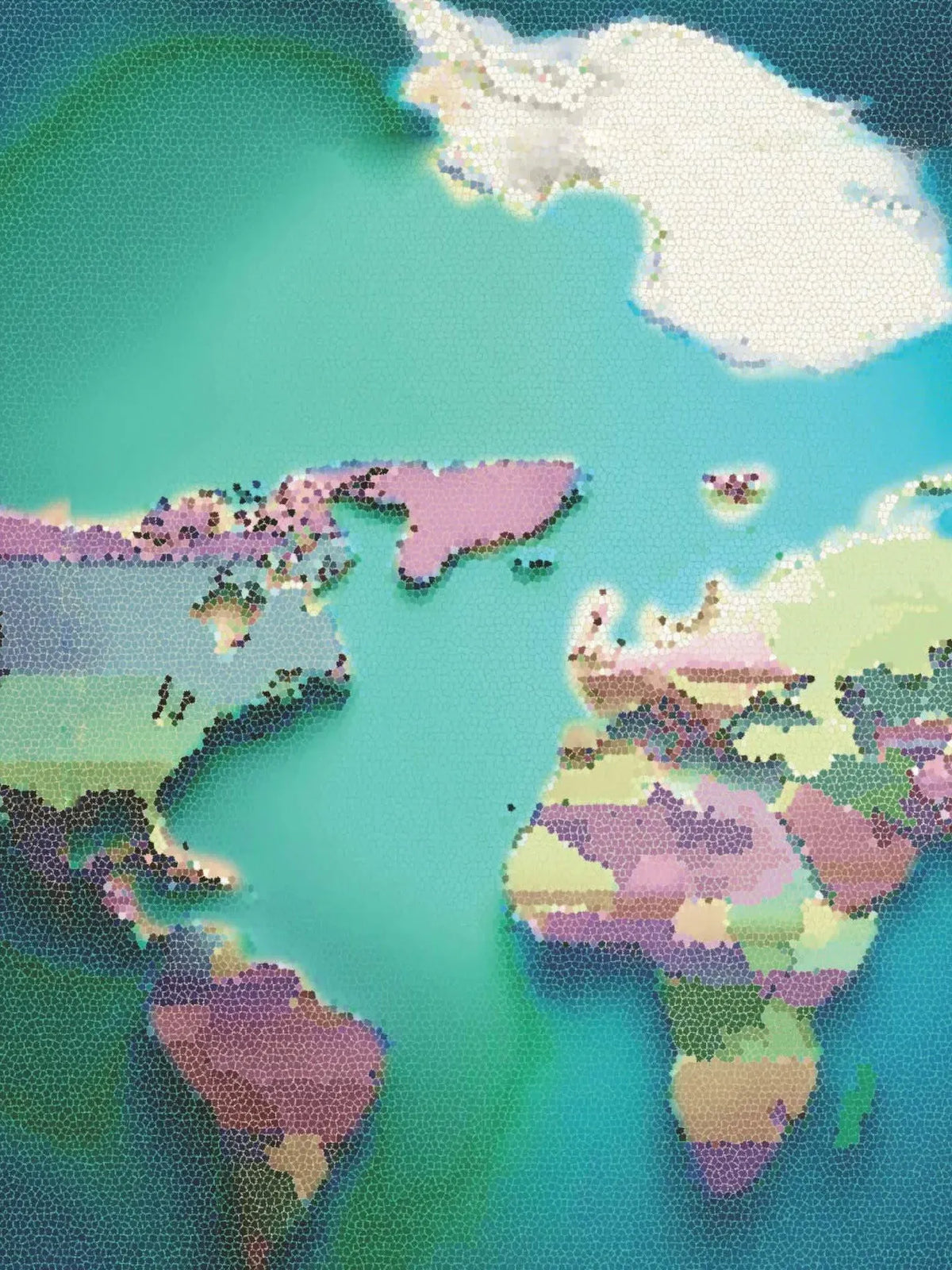 A mosaic-style world map with continents in various pastel colors on a teal ocean background.