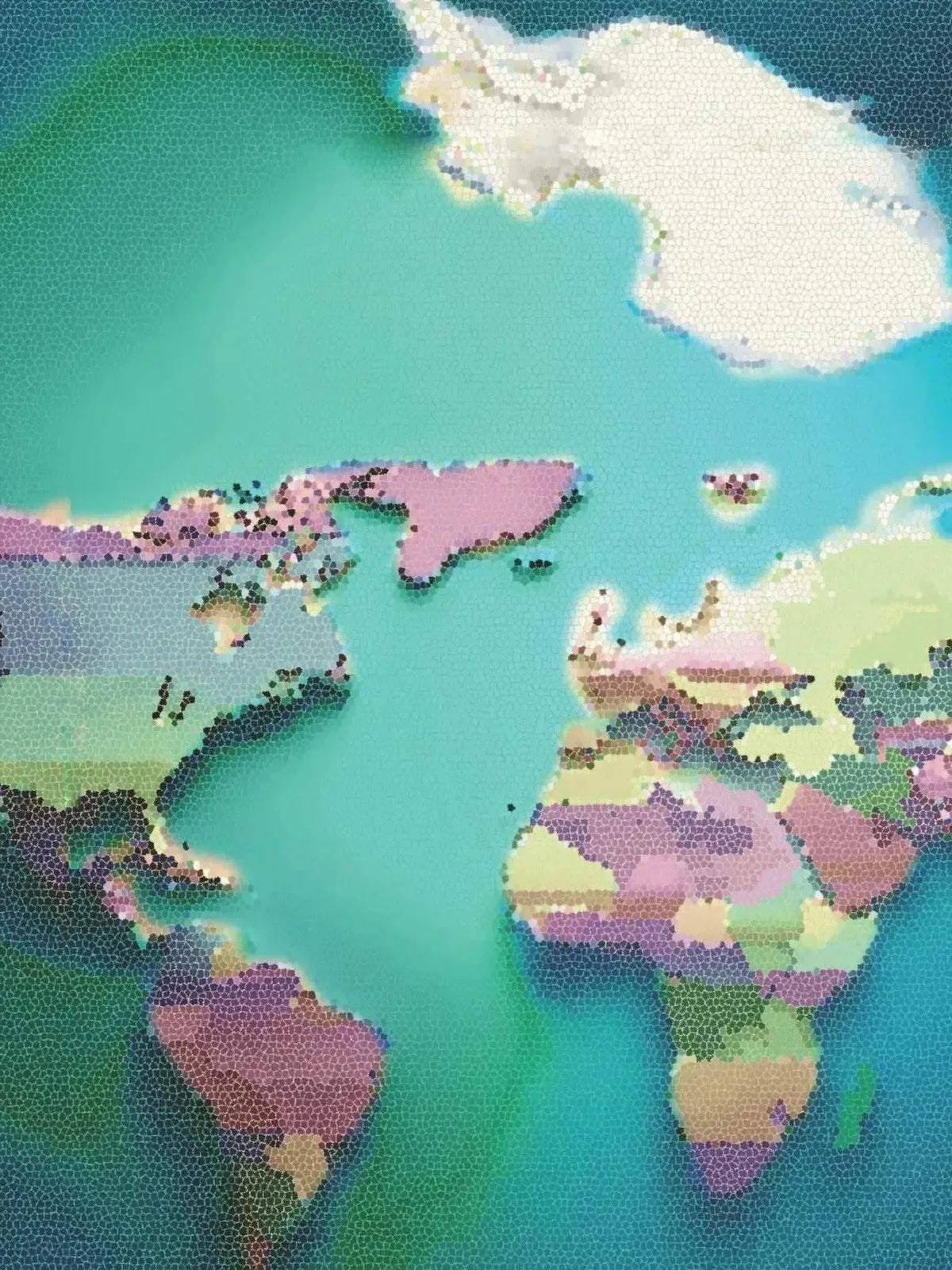 A mosaic-style world map fabric print in shades of teal, blue, and pastel colors.