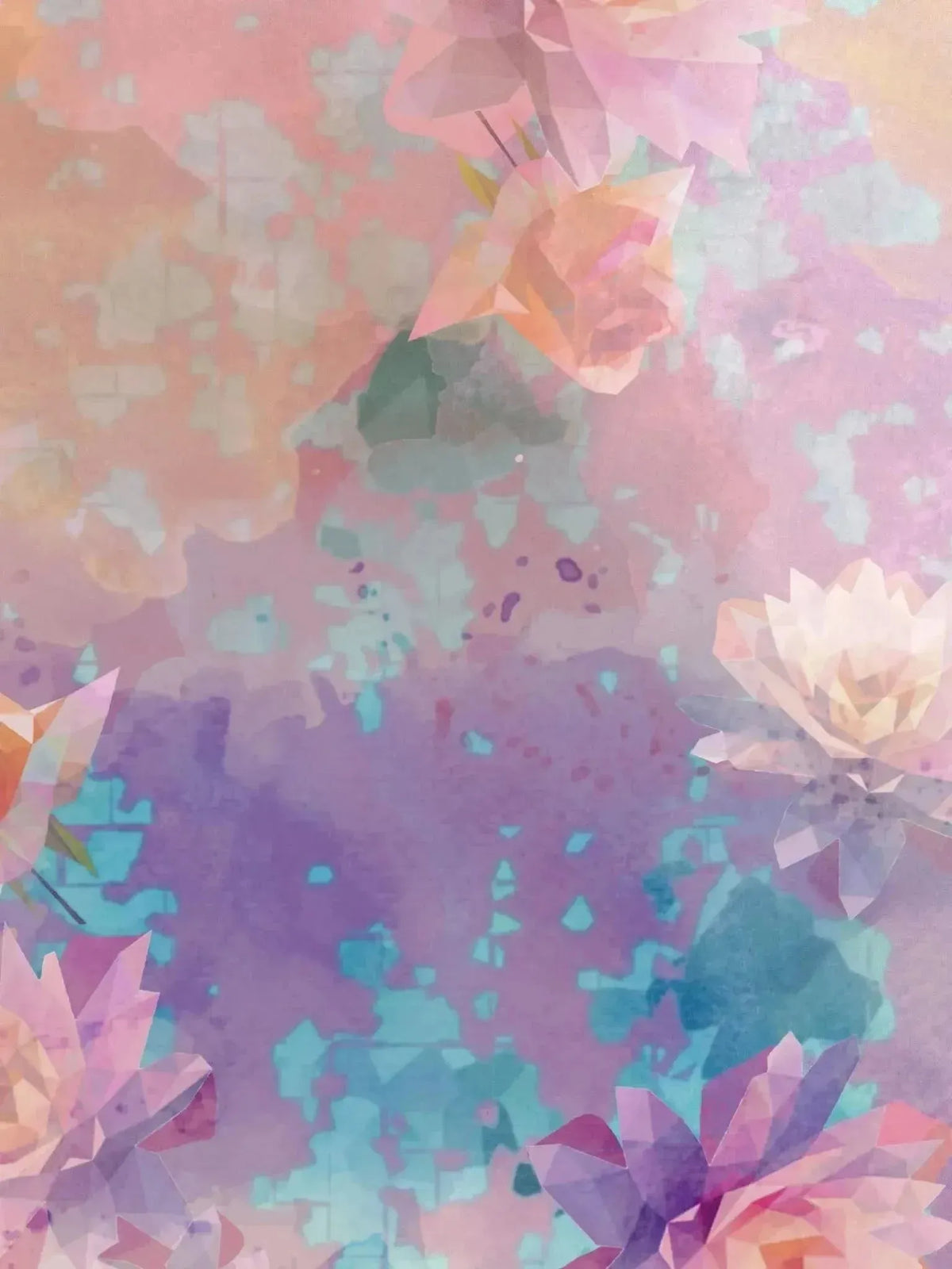 Purple glass flowers printed on fabric, with watercolor-style pink and blue blooms.