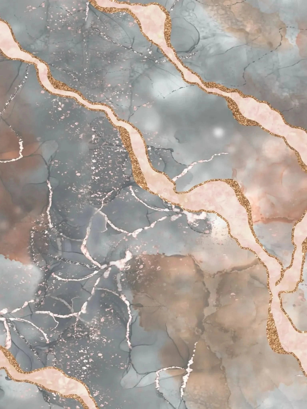 Pink marble pattern with gold glitter veins and gray accents.