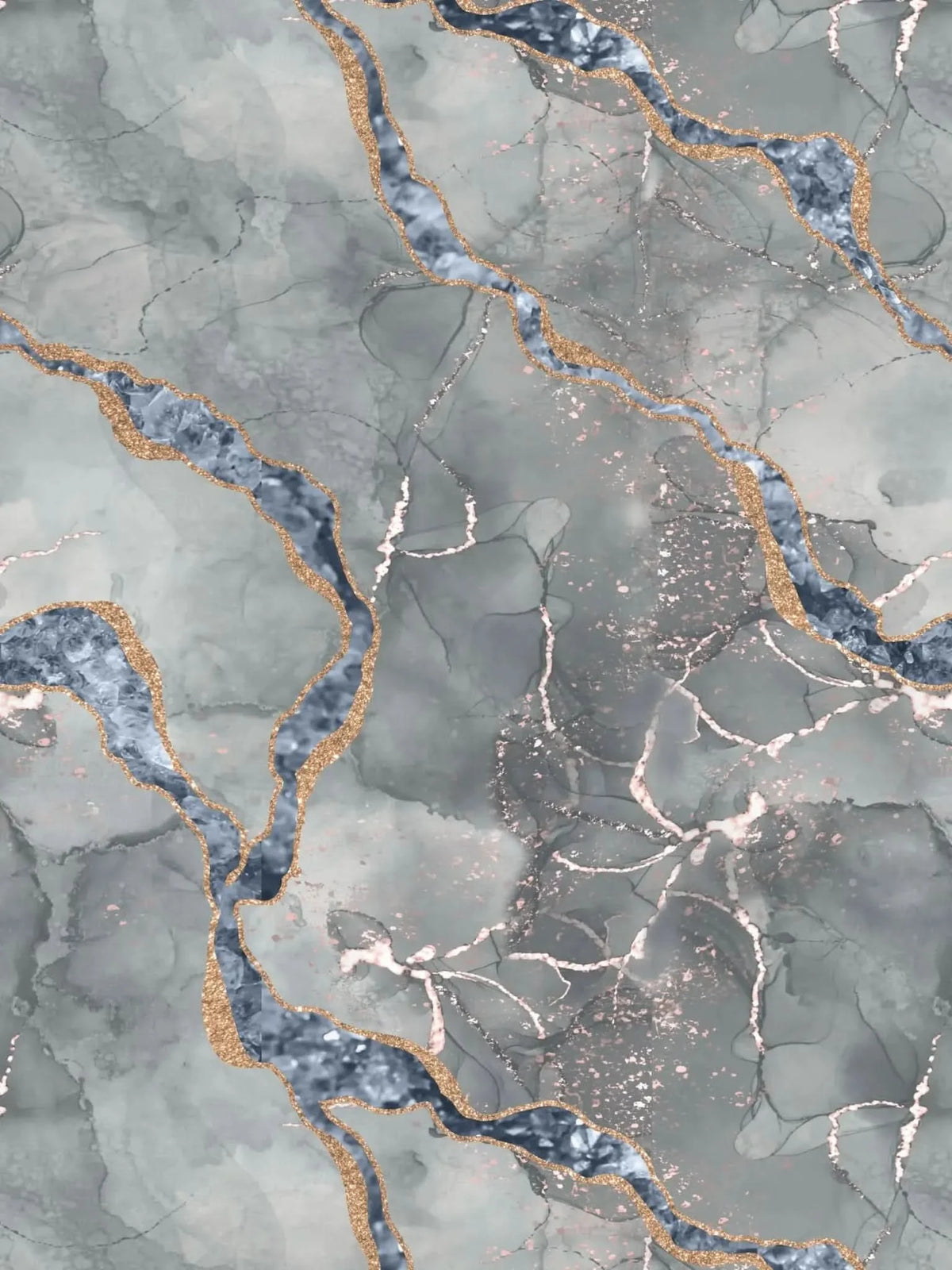 Gray marble pattern with gold glitter and blue accents.