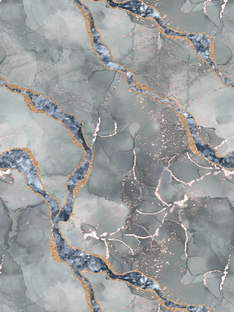 Gray marble pattern with gold glitter and blue accents.