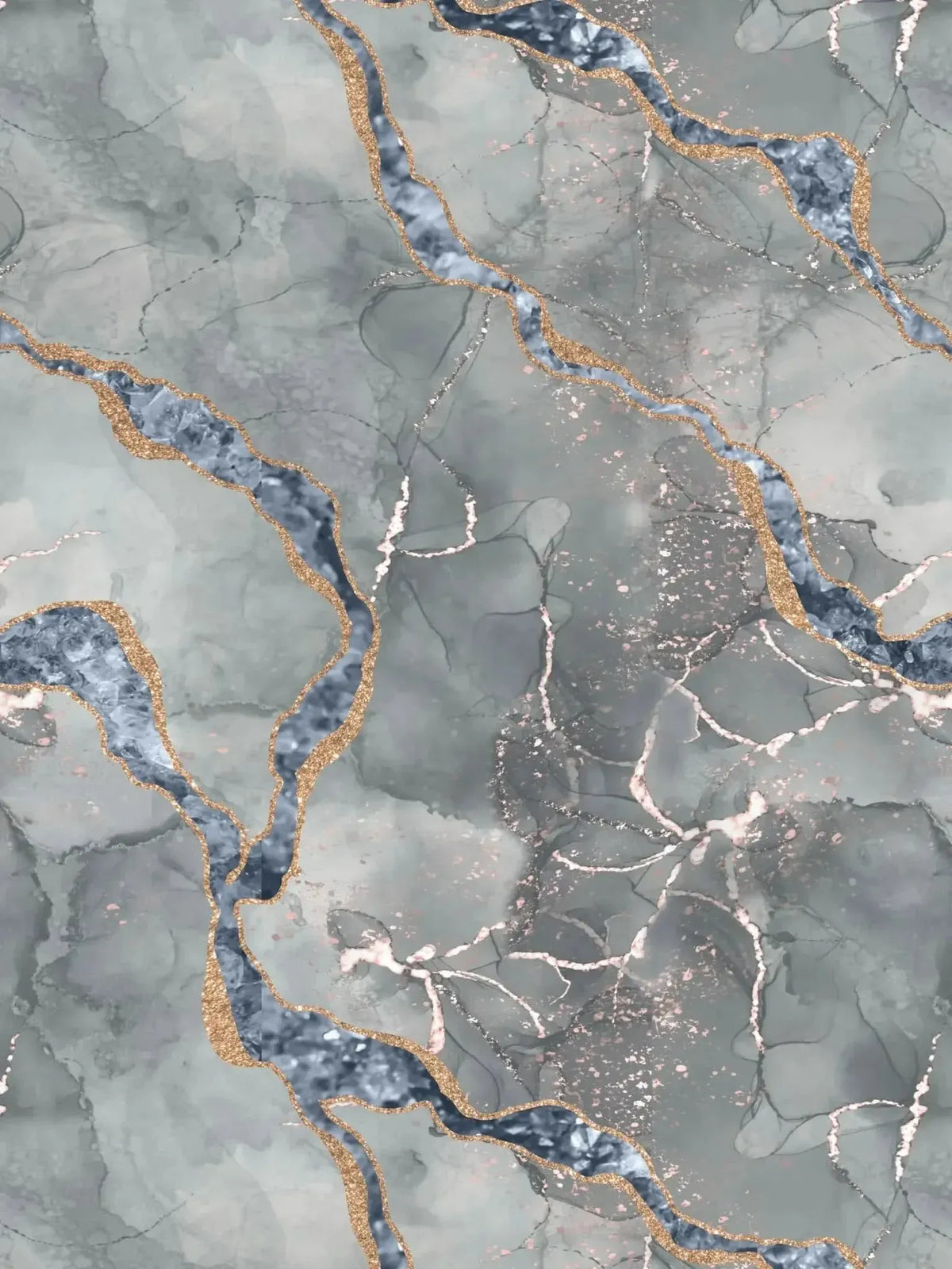 Gray stretch twill fabric with gold-veined marble pattern.