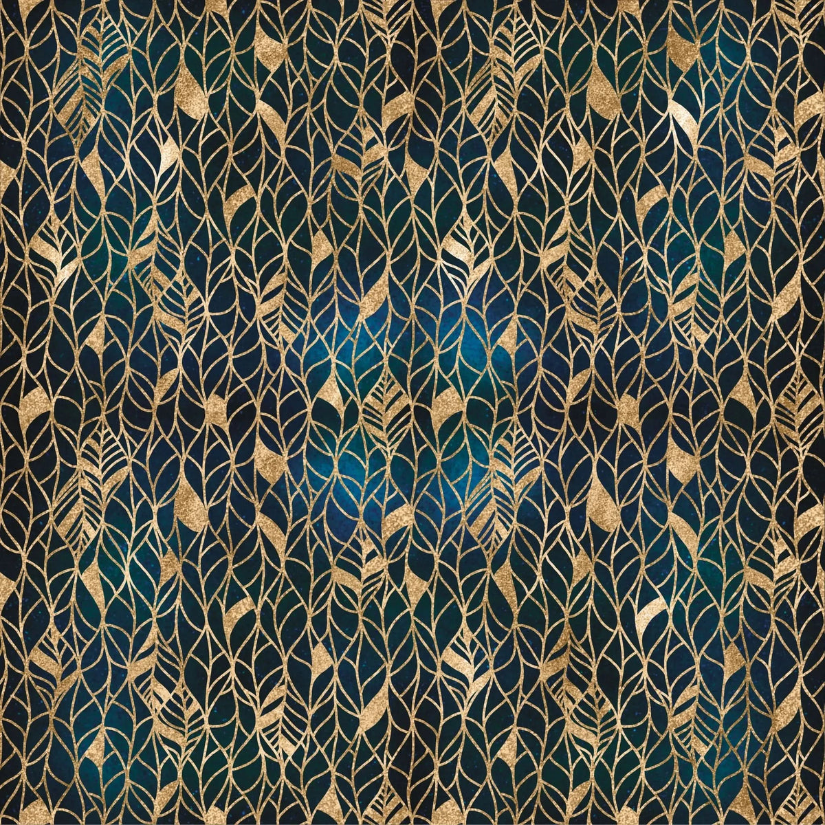 Gold leaves pattern on a dark blue and teal background.