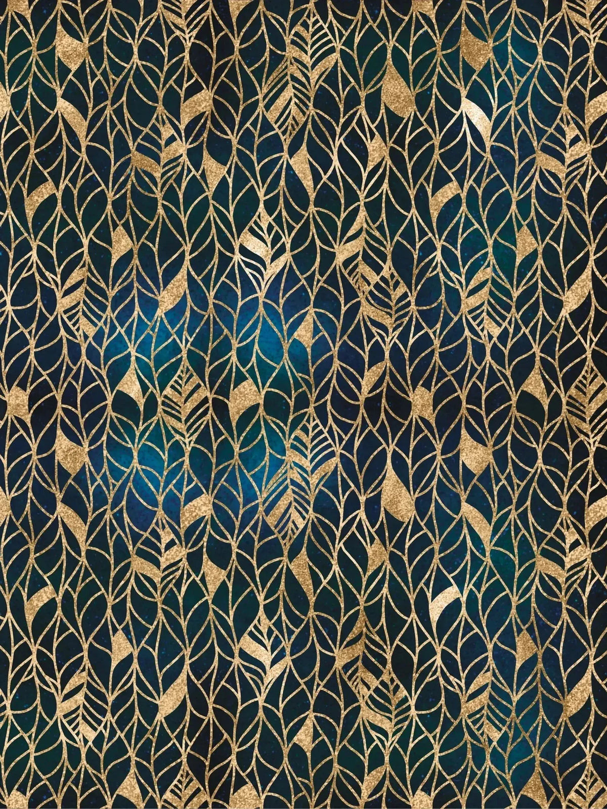 Gold leaves fabric with a dark blue and teal background.
