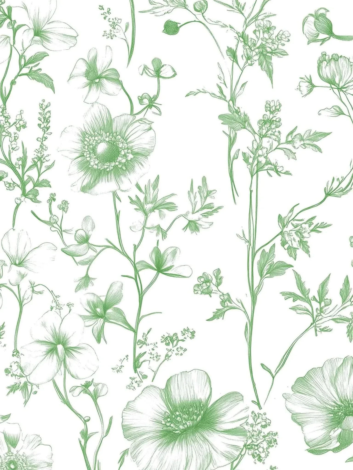 A seamless pattern of green line-drawn flowers and foliage on a white background.