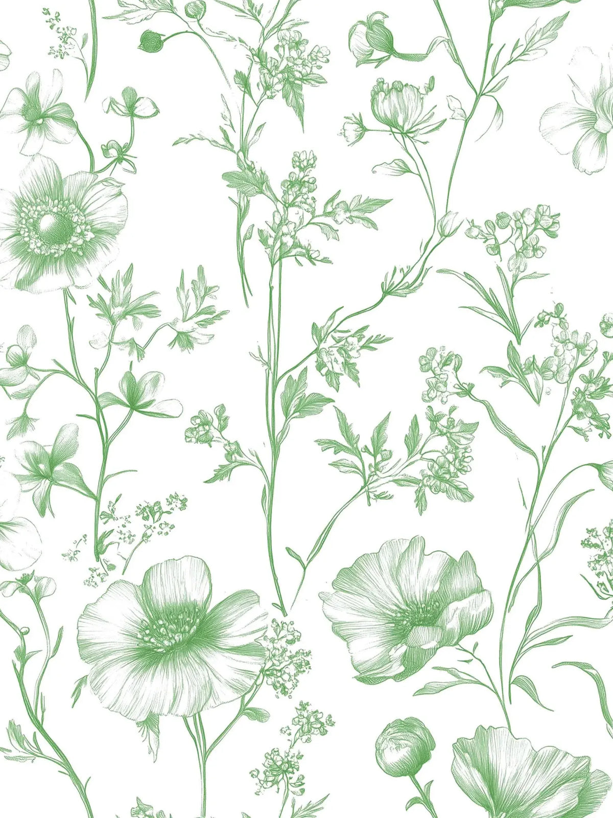 Green line art floral pattern on a white background.