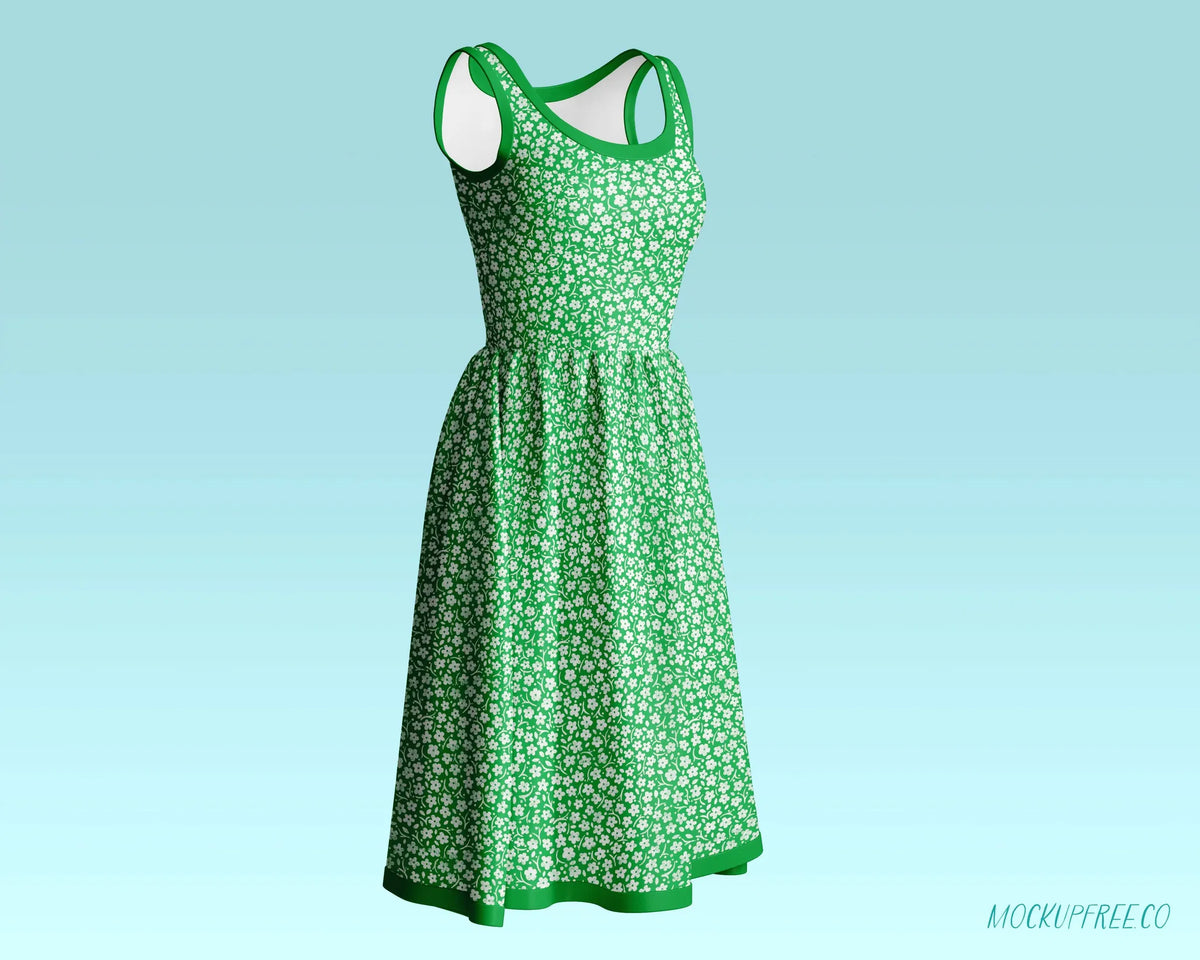 Green floral midi dress with a scoop neck and wide straps.