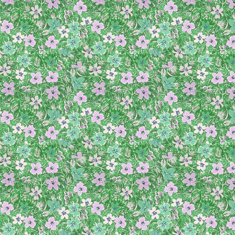 Green wallpaper with a pattern of light purple, white, and mint green flowers.