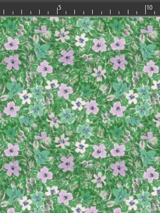 Green wallpaper with a pattern of purple, teal, and white flowers.