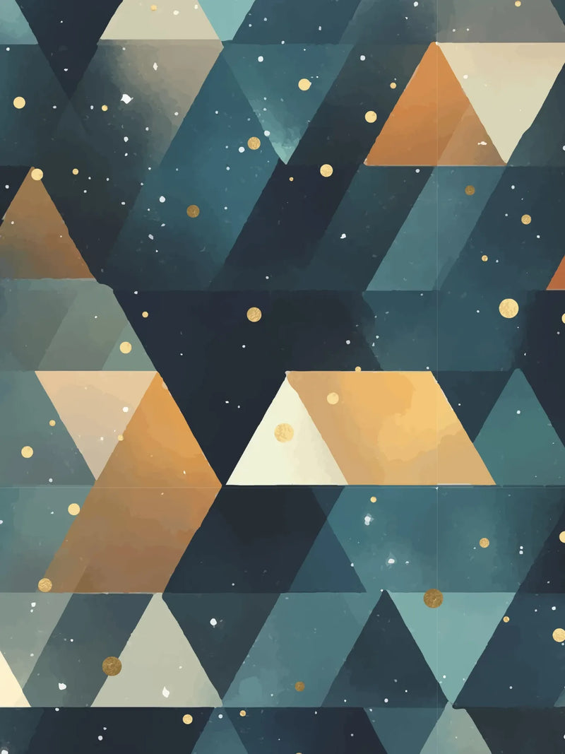 A fabric with a geometric pattern of blue, teal, and gold triangles with white and gold speckles.