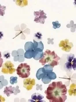 Pastel pressed flower print on floral fabric with scattered blooms in blues, pinks, and yellows.