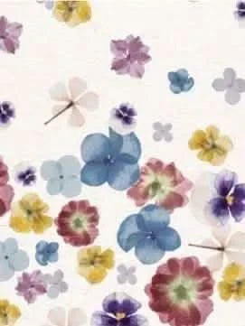 A white fabric with scattered pressed flowers in various colors and sizes.