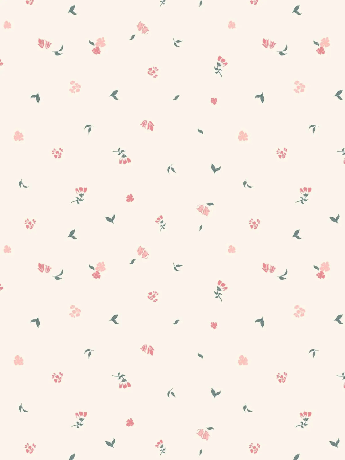Fabric with a blush background and scattered small pink flowers and green leaves.