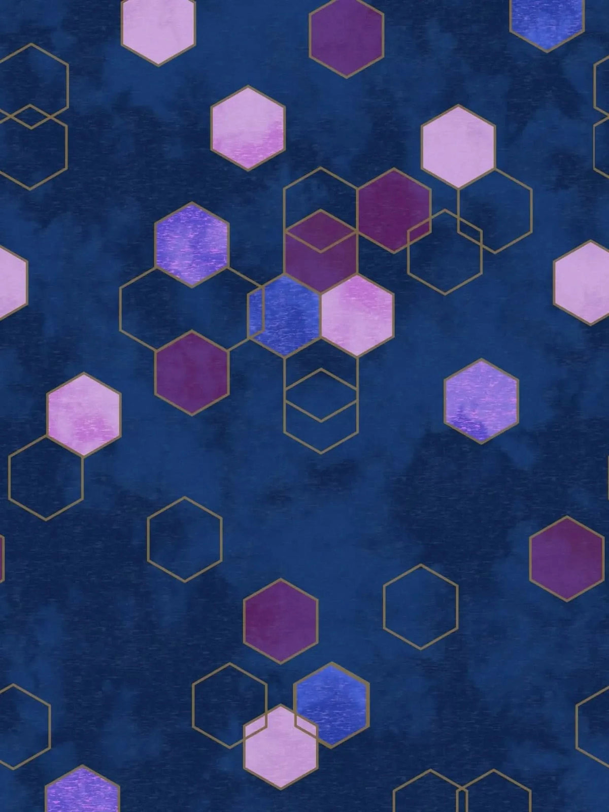 Blue fabric with pink, purple, and blue hexagons and gold outlines.