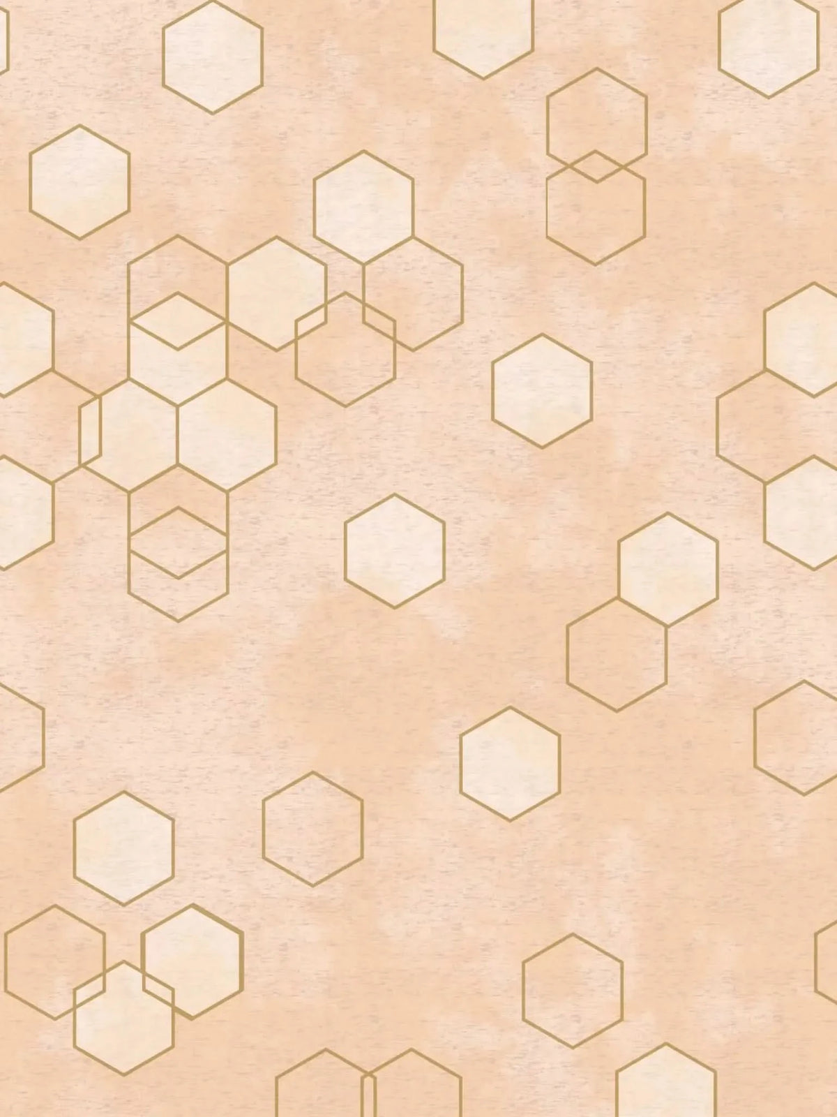 Peachy Geo fabric with a pattern of gold hexagonal outlines on a peach background.
