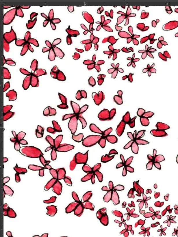 Fabric with a pattern of scattered red and pink watercolor flowers on a white background.
