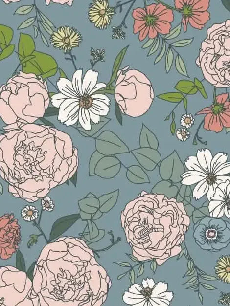Dusty blue fabric with a pattern of pink, white, and yellow Japanese floral designs.