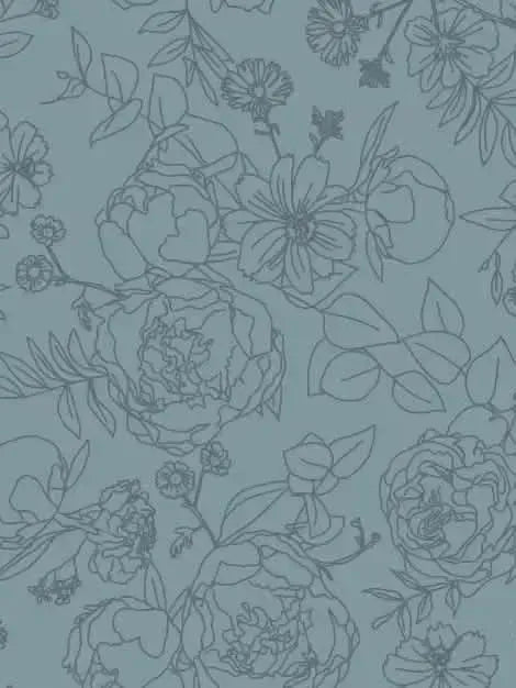 Dusty blue fabric with a stenciled floral pattern.