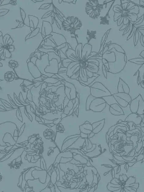 Dusty blue fabric with stenciled floral pattern of peonies and leaves.