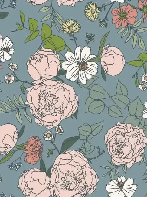 A seamless pattern of pink, white, and yellow flowers with green leaves on a blue background.