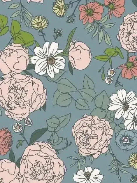 Dusty blue Japanese floral fabric with pink peonies, white daisies, and green leaves.