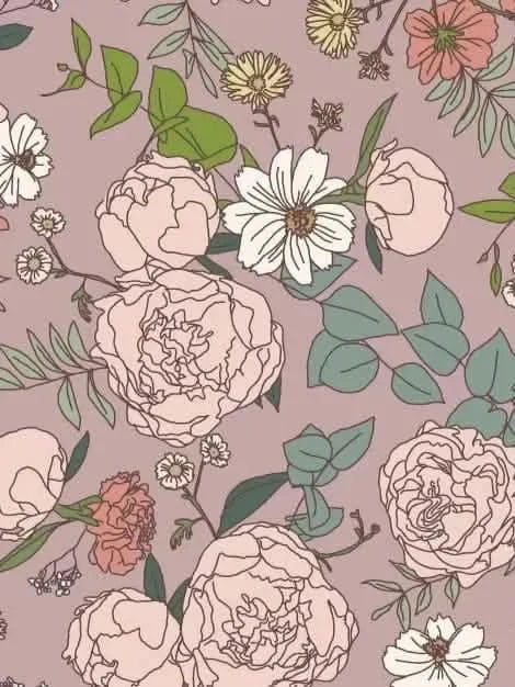 Mauve fabric with a pattern of pink, white, and yellow flowers with green leaves.