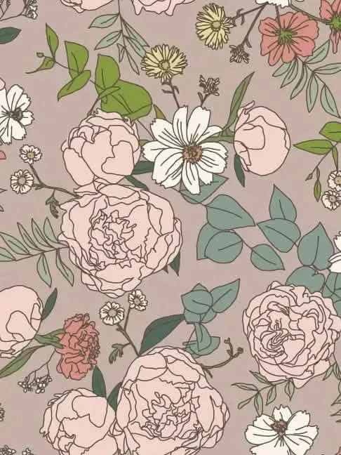 Tan fabric with a pattern of pink, white, and yellow flowers with green leaves.