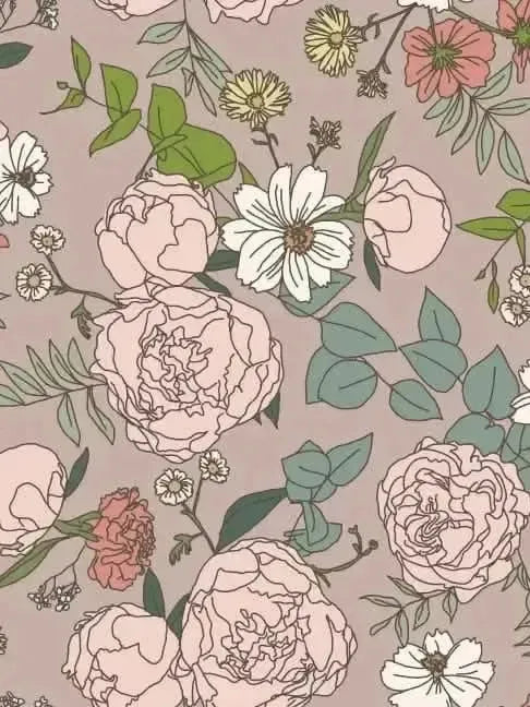 Tan Japanese floral fabric with pink peonies, white daisies, and green leaves.