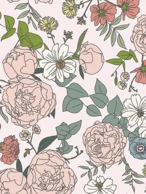 A light pink fabric with a repeating pattern of various flowers and leaves.