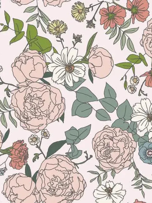 A light pink fabric with a pattern of various outlined flowers and green leaves.